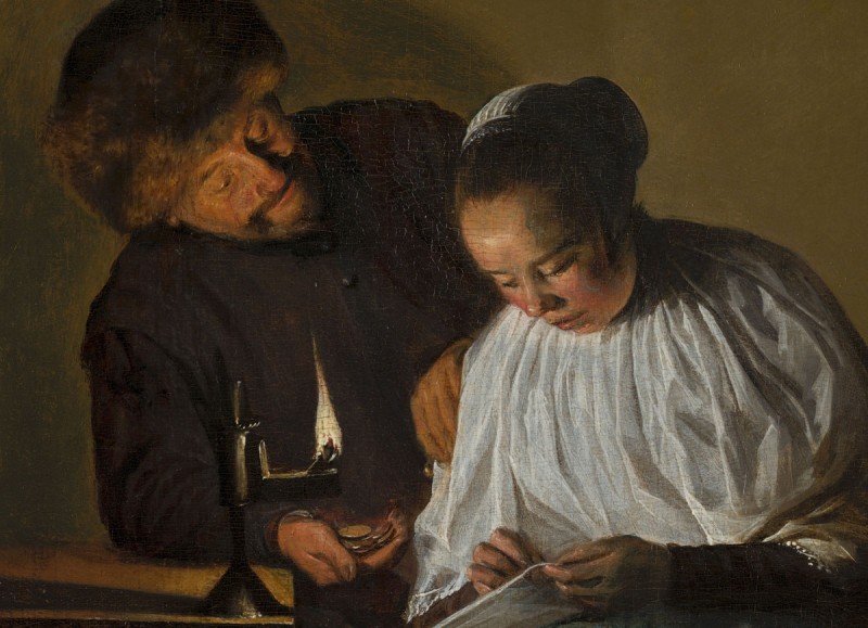 Judith-Leyster---Man-die-een-vrouw-geld-aanbiedt-Mauritshuis_detail